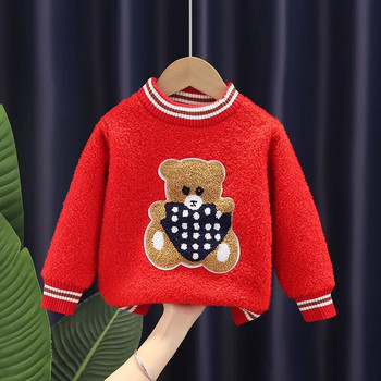 Детски коледен пуловер Момиче Есен Зима Плюшен удебелен карикатура Малка мечка Топъл пуловер с дълъг ръкав Палто Суичъри за момче