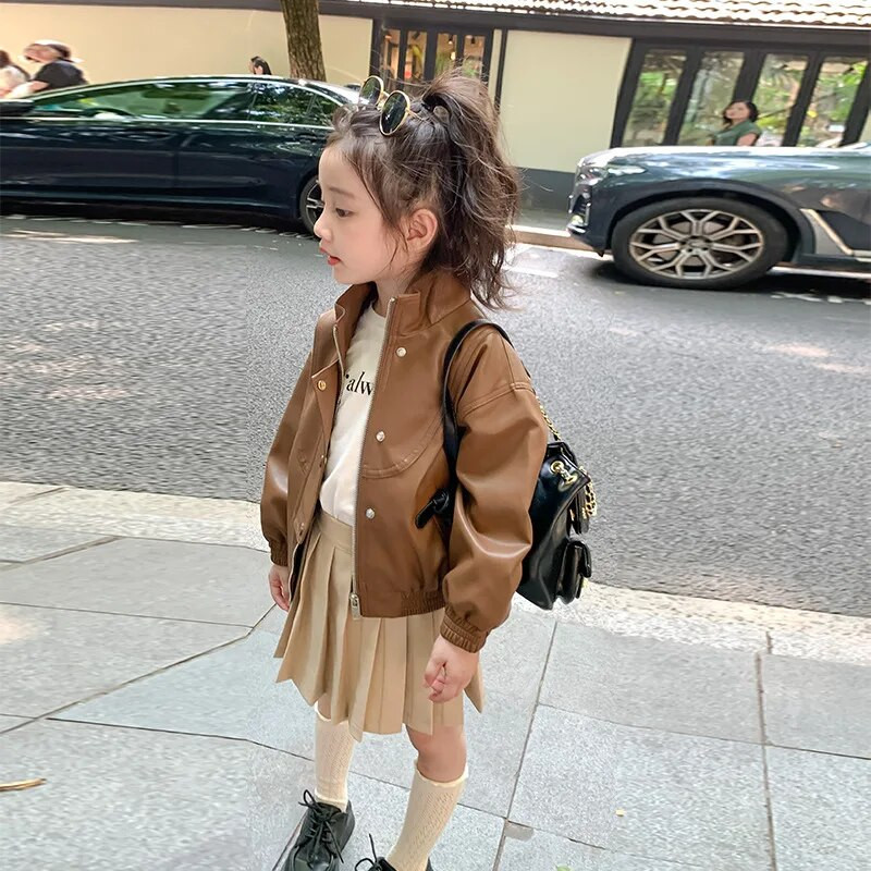 Paltoane Fete Cafea Piele Sezon de toamnă Nouă Îmbrăcăminte pentru copii Jachetă Cardigan Buton Îmbrăcăminte exterioară Soild Plisă Cool