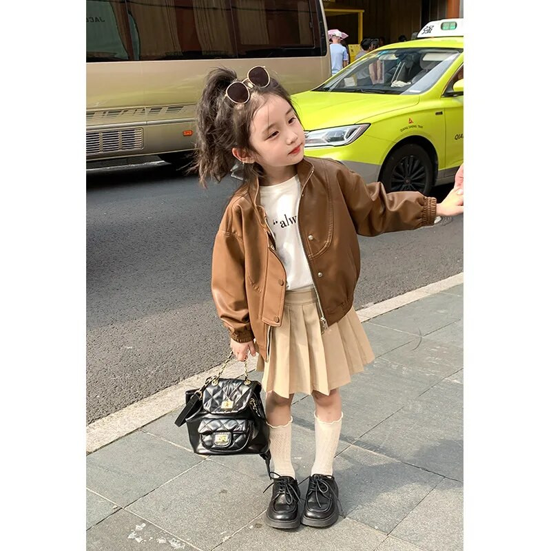 Paltoane Fete Cafea Piele Sezon de toamnă Nouă Îmbrăcăminte pentru copii Jachetă Cardigan Buton Îmbrăcăminte exterioară Soild Plisă Cool