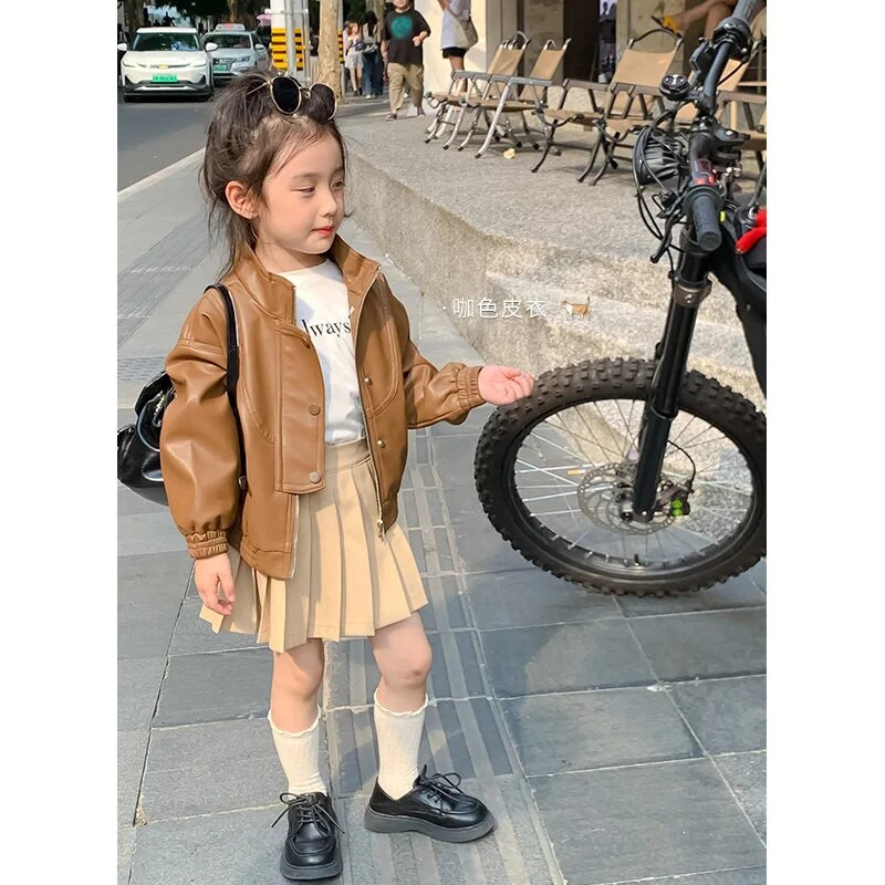 Paltoane Fete Cafea Piele Sezon de toamnă Nouă Îmbrăcăminte pentru copii Jachetă Cardigan Buton Îmbrăcăminte exterioară Soild Plisă Cool