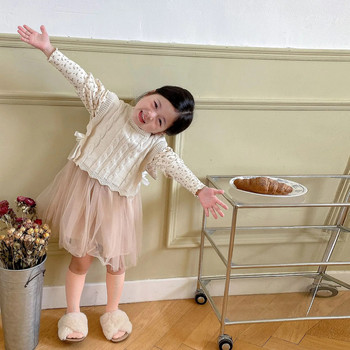 Есенна бебешка жилетка за 2022 г. Gril\'s Корейски О-образно деколте Плетени волани Bowknot Patchwork Детски пуловер Дрехи за малко момиче