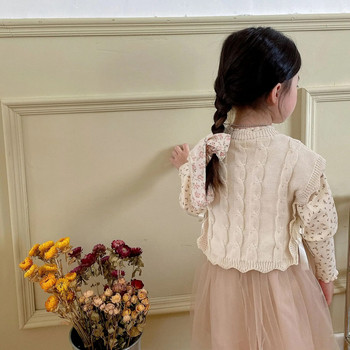Есенна бебешка жилетка за 2022 г. Gril\'s Корейски О-образно деколте Плетени волани Bowknot Patchwork Детски пуловер Дрехи за малко момиче