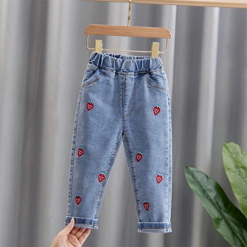 Haine pentru fetiță de primăvară, pantaloni din denim cu bandă elastică cu talie mijlocie, pentru 1 2 3 4 5 6 ani, haine pentru fetiță, pantaloni de blugi pentru aniversare
