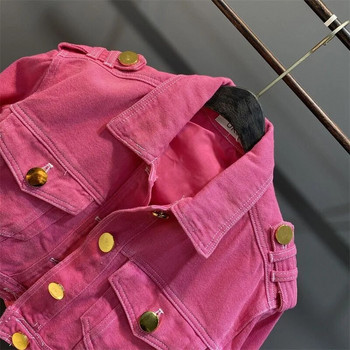 Детско яке за момичета Палто 2023 г. Нови есенни розово-червени дънки Горнища с плътен цвят с обърната яка с метални копчета Модни ежедневни