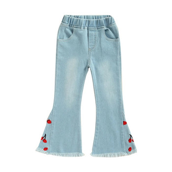 Модни дънкови панталони за малко момиченце, кльощави дънки с бродирана черешова еластична лента с джобове, дънки за деца, момичета 1-6 години