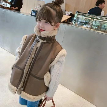 Жилетка за момичета 2023 г. Нов зимен плюшен удебелен детски корейски потник Палто през рамо Модна детска жилетка