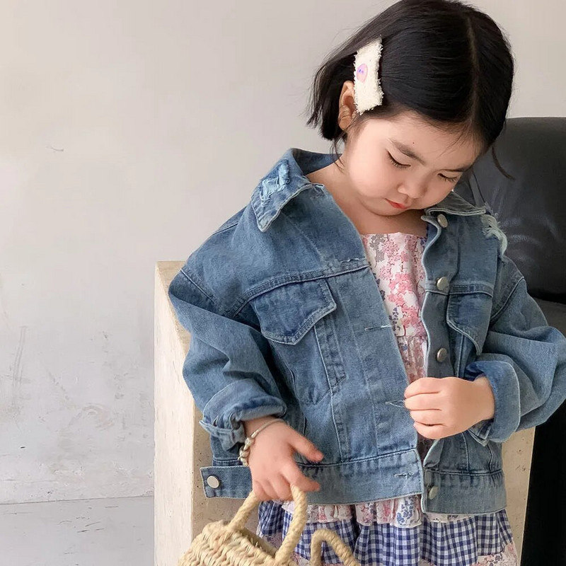 8639 Haine pentru copii 2024 de primăvară, noua modă, haină de blugi pentru fete. Faceți topuri vechi uzate, jachete de denim lejere.