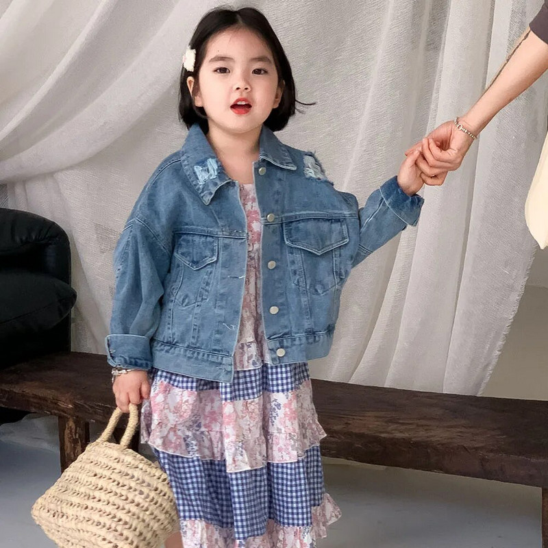 8639 Haine pentru copii 2024 de primăvară, noua modă, haină de blugi pentru fete. Faceți topuri vechi uzate, jachete de denim lejere.