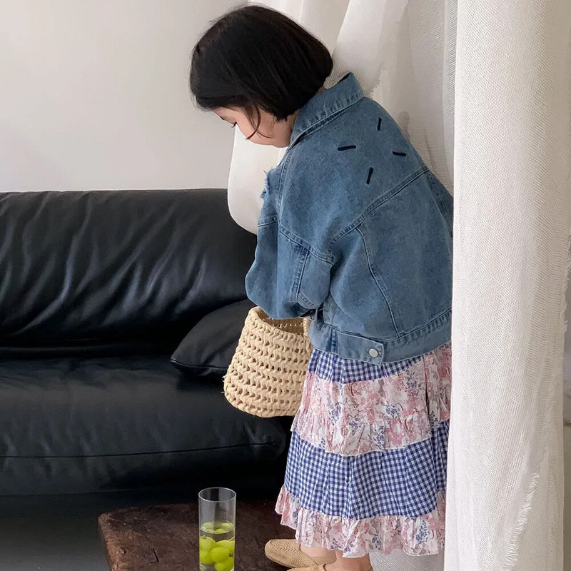 8639 Haine pentru copii 2024 de primăvară, noua modă, haină de blugi pentru fete. Faceți topuri vechi uzate, jachete de denim lejere.