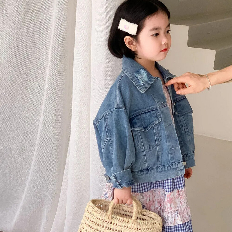 8639 Haine pentru copii 2024 de primăvară, noua modă, haină de blugi pentru fete. Faceți topuri vechi uzate, jachete de denim lejere.