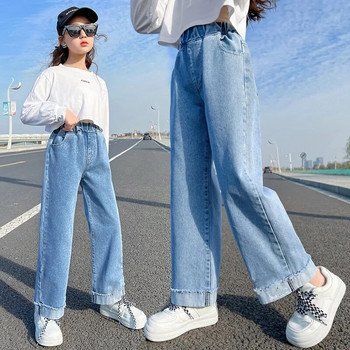 2022 Girls Students Jeans άνοιξη φθινόπωρο Κορεατικά Wild Loose στάμπα κινουμένων σχεδίων Ελαστική μέση ίσια Λεπτό φαρδύ τζιν 3-12 Y
