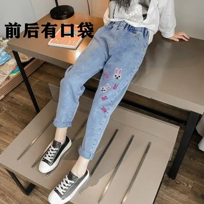 2022 m. Merginos Studentės Džinsai pavasario ruduo Korėjos laukinis laisvas animacinis spaudinys Elastinis juosmuo Tiesus Ploni plačios džinsai 3-12Y