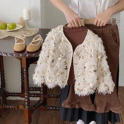 Modne jesensko-zimske krznene bunde za djevojčice, bijele šljokice ukrašene, kardigani za malu djecu s jednim kopčanjem, topla gornja odjeća za djecu