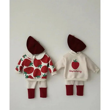 Παιδική κουκούλα 2024 Άνοιξη Νέο καθαρό βαμβακερό μωρό κοριτσάκι με μακρυμάνικο πουλόβερ φράουλα με κουκούλα casual μπλουζάκι με στρογγυλή λαιμόκοψη