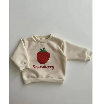 Παιδική κουκούλα 2024 Άνοιξη Νέο καθαρό βαμβακερό μωρό κοριτσάκι με μακρυμάνικο πουλόβερ φράουλα με κουκούλα casual μπλουζάκι με στρογγυλή λαιμόκοψη