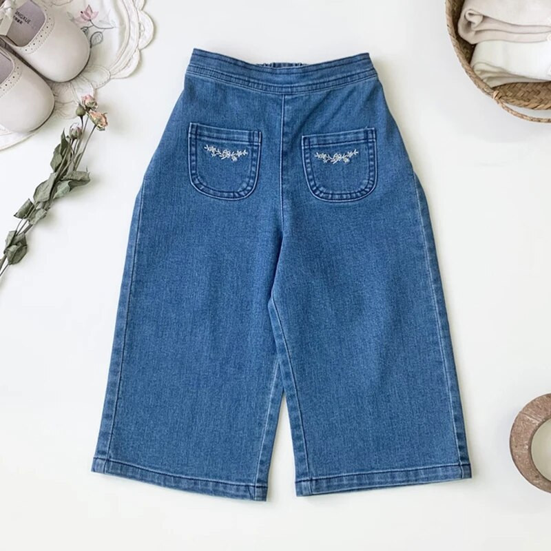 Tavaszi őszi gyerekek Kislányoknak hímzett széles szárú farmernadrág Alkalmi gyerek baba lányoknak Gyermekruházat Farmer