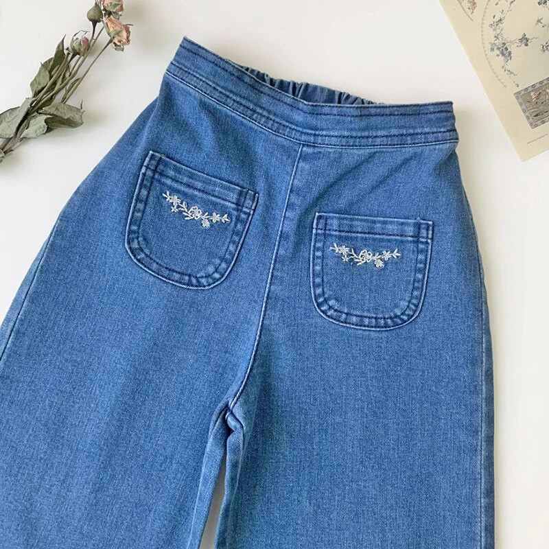 Tavaszi őszi gyerekek Kislányoknak hímzett széles szárú farmernadrág Alkalmi gyerek baba lányoknak Gyermekruházat Farmer