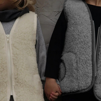 Поларена жилетка без ръкави с цип и джобове за момчета и момичета Зимни нови ежедневни удобни и топли детски палта