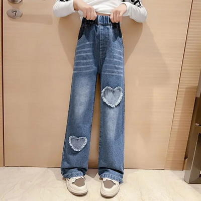 Blugi pentru fete de 4-14 ani, primăvară și toamnă, ocazional, pantaloni largi, cu picioare largi, pantaloni pentru copii, cu design cu ciucuri Love