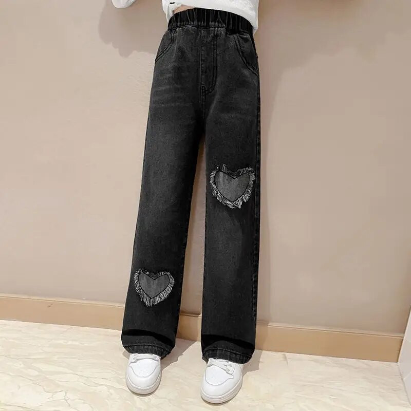 Blugi pentru fete de 4-14 ani, primăvară și toamnă, ocazional, pantaloni largi, cu picioare largi, pantaloni pentru copii, cu design cu ciucuri Love