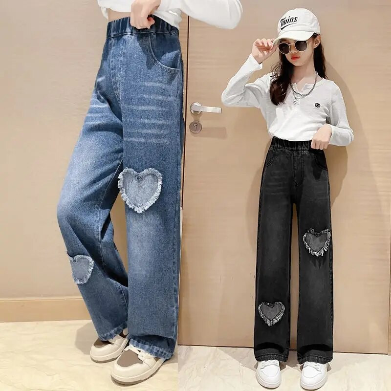 Blugi pentru fete de 4-14 ani, primăvară și toamnă, ocazional, pantaloni largi, cu picioare largi, pantaloni pentru copii, cu design cu ciucuri Love