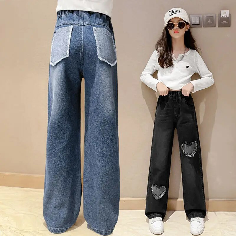 Blugi pentru fete de 4-14 ani, primăvară și toamnă, ocazional, pantaloni largi, cu picioare largi, pantaloni pentru copii, cu design cu ciucuri Love