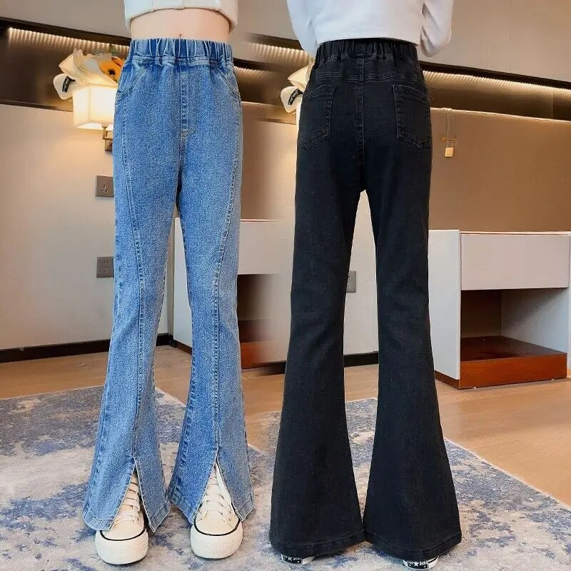 New Fashion Blugi Flare Split Pentru Fete Scoala Streetwear Casual Pantaloni Denim Solid Color Copii Pantaloni Coreeani De Inalta Calitate
