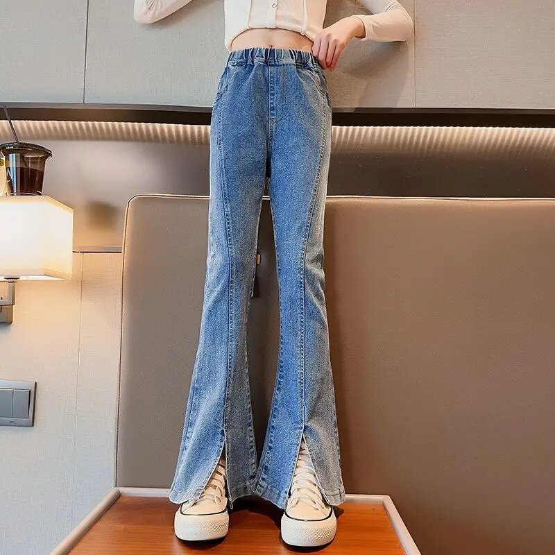 New Fashion Blugi Flare Split Pentru Fete Scoala Streetwear Casual Pantaloni Denim Solid Color Copii Pantaloni Coreeani De Inalta Calitate