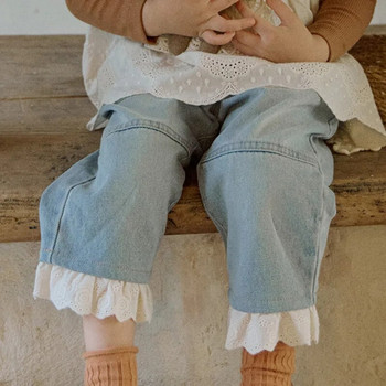 Сладки панталони за момичета Есенни детски дрехи за малки деца Връхни дрехи 2023 г. Нови дантелени дънкови панталони с еластична талия за момичета Детско облекло