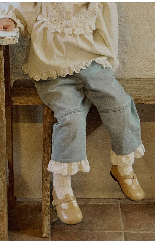 Pantaloni dulci pentru fete, toamnă, haine pentru copii mici, îmbrăcăminte exterioară, 2023, blugi cu talie elastică din dantelă, pantaloni pentru fete, îmbrăcăminte pentru copii