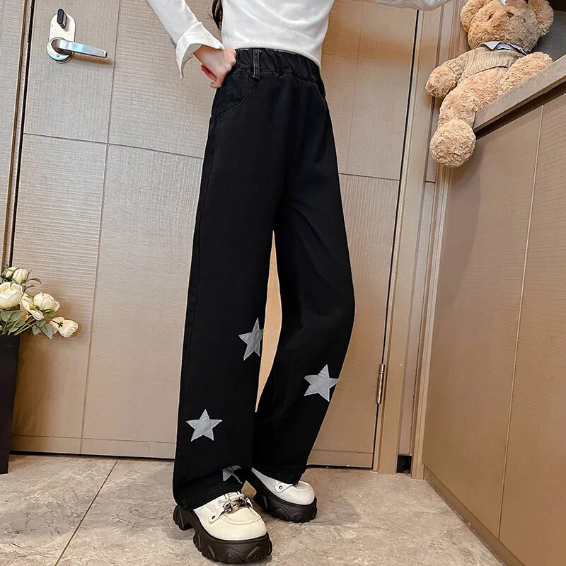 Adolescente Blugi Primavara/Toamna New Star Print Pantaloni drepti cu picioare late Copii Trendy Scoala Casual Pantaloni pentru copii 5-14 ani
