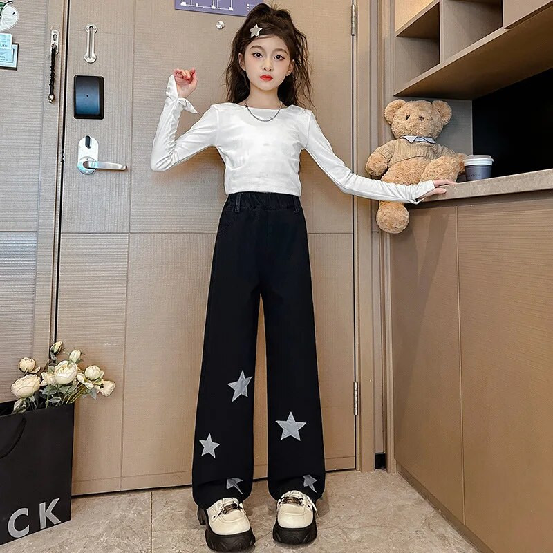 Adolescente Blugi Primavara/Toamna New Star Print Pantaloni drepti cu picioare late Copii Trendy Scoala Casual Pantaloni pentru copii 5-14 ani