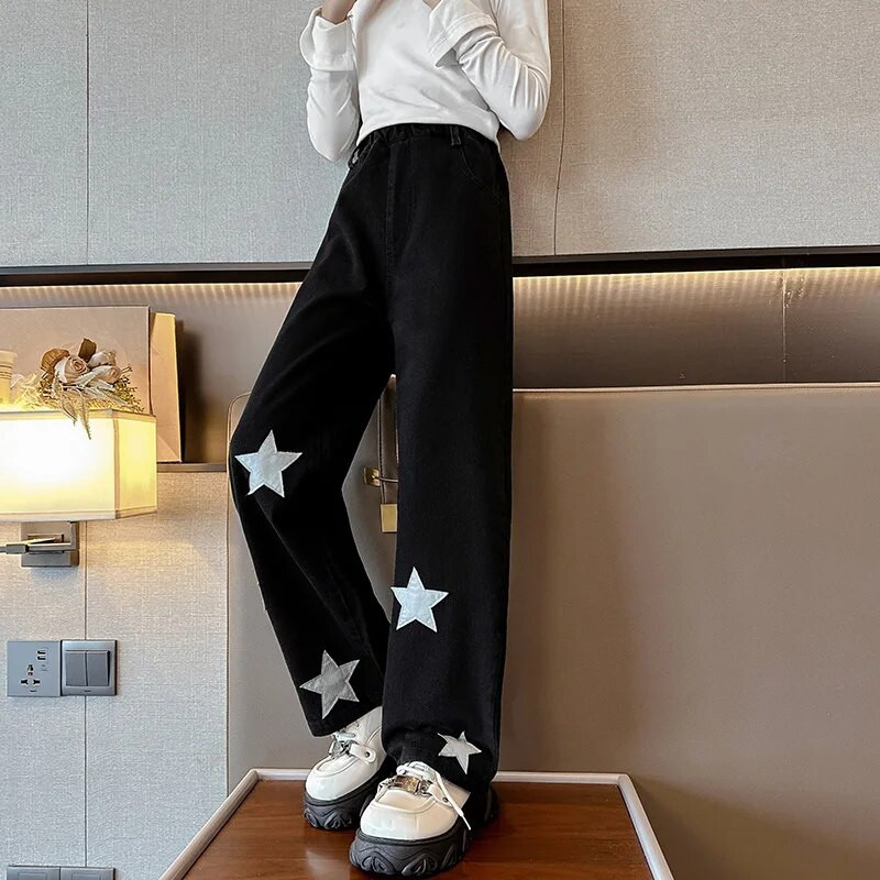 Adolescente Blugi Primavara/Toamna New Star Print Pantaloni drepti cu picioare late Copii Trendy Scoala Casual Pantaloni pentru copii 5-14 ani