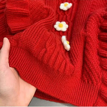 Пуловер за момичета Есен и зима Ново корейско горнище с цветя Плетен пуловер с волани за момичета Детски дрехи 2-8 години