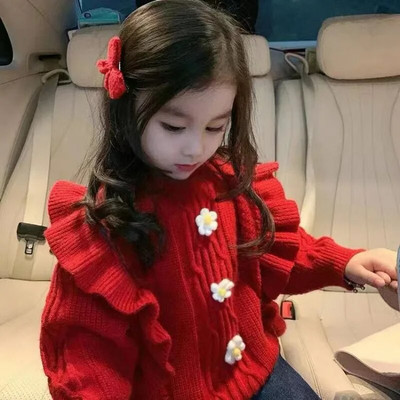 Пуловер за момичета Есен и зима Ново корейско горнище с цветя Плетен пуловер с волани за момичета Детски дрехи 2-8 години