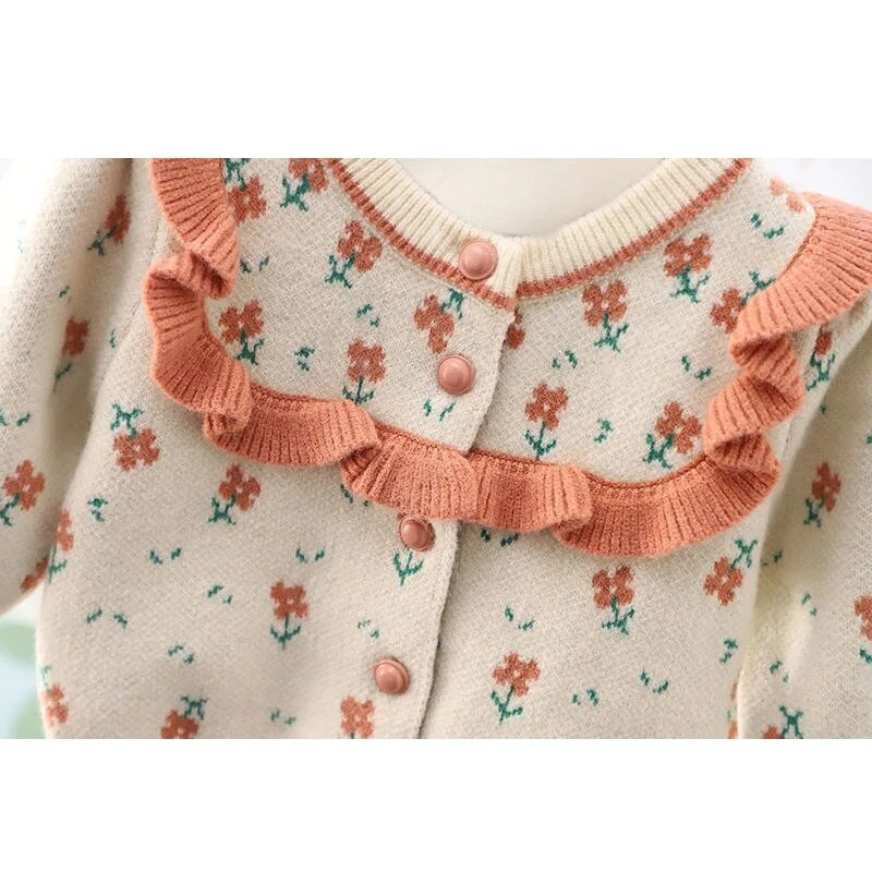 Mergaičių gėlėmis megzti megztiniai 2024 m. pavasaris Nauji Mažylių megztiniai Megztiniai Medvilniniai Viršutiniai Drabužiai Kūdikiams Vaikiški viršutiniai drabužiai Striukė Megztinis