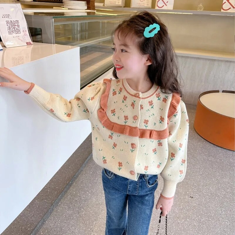 Mergaičių gėlėmis megzti megztiniai 2024 m. pavasaris Nauji Mažylių megztiniai Megztiniai Medvilniniai Viršutiniai Drabužiai Kūdikiams Vaikiški viršutiniai drabužiai Striukė Megztinis