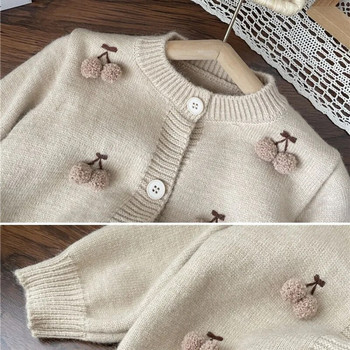 Ново корейско детско плетено облекло Бебешки момичета Жилетка Яке Палто Пролет Есен Детски едноцветен пуловер с помпон Череша