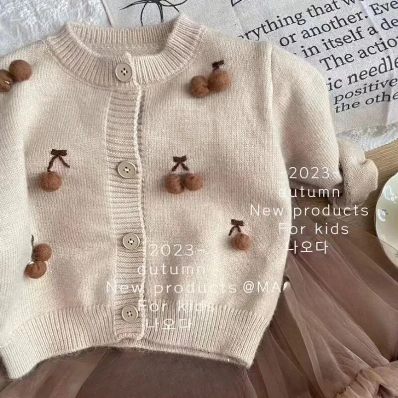 Nova korejska dječja pletena odjeća Kardigan jakna za djevojčice Kaput Proljeće Jesen Dječji dječji pulover s pompom i trešnjom