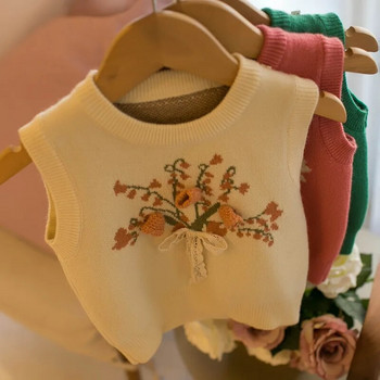 2022 Есен Нова детска плетена жилетка без ръкави Модна плетена жилетка за момичета с цветя Детски пуловер Жилетка за момичета