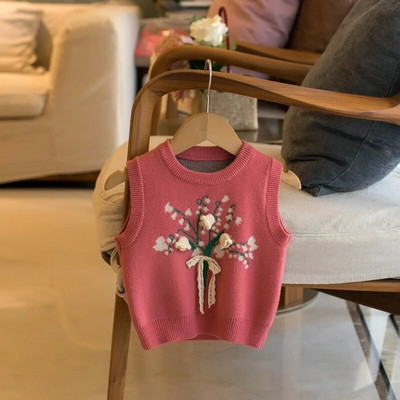 Toamna 2022, noi pentru copii, fără mâneci, vestă tricotată, vestă tricotată pentru fete de flori de modă, pulover pentru fete, cardigan, vestă