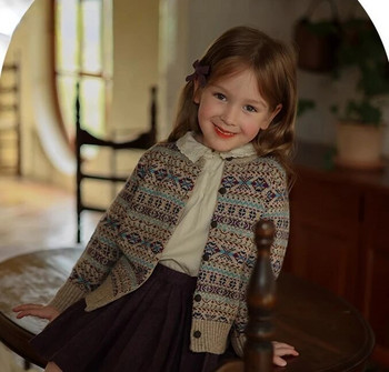 Пуловери Момичета Ретро стил Вълнена жилетка Бродерия Бебешки отворен шев Кръгла яка Раирана Свободна ежедневна мода 2023 г.