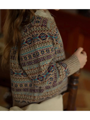 Пуловери Момичета Ретро стил Вълнена жилетка Бродерия Бебешки отворен шев Кръгла яка Раирана Свободна ежедневна мода 2023 г.
