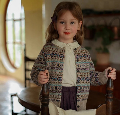 Pulovere Fete Stil Retro Lână Cardigan Broderie Bebeluş Cusătură Deschisă Guler Rotund În dungi Lejer Casual 2023 Moda