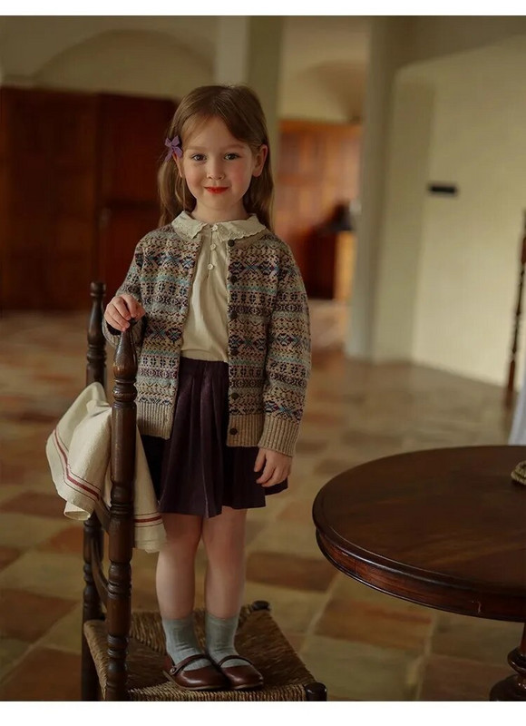 Pulovere Fete Stil Retro Lână Cardigan Broderie Bebeluş Cusătură Deschisă Guler Rotund În dungi Lejer Casual 2023 Moda