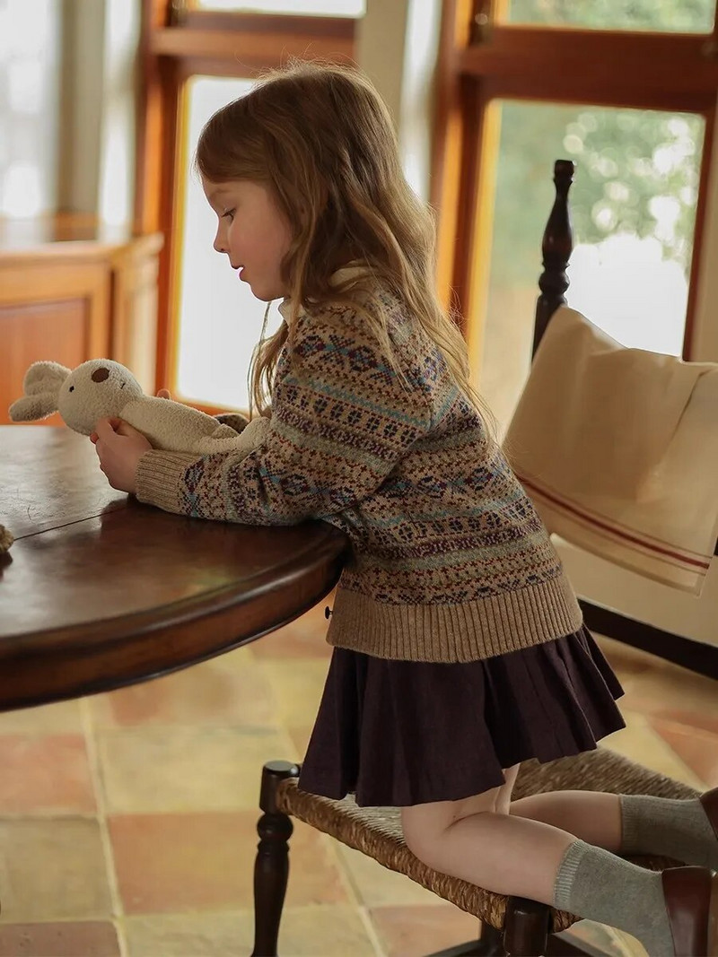 Pulovere Fete Stil Retro Lână Cardigan Broderie Bebeluş Cusătură Deschisă Guler Rotund În dungi Lejer Casual 2023 Moda