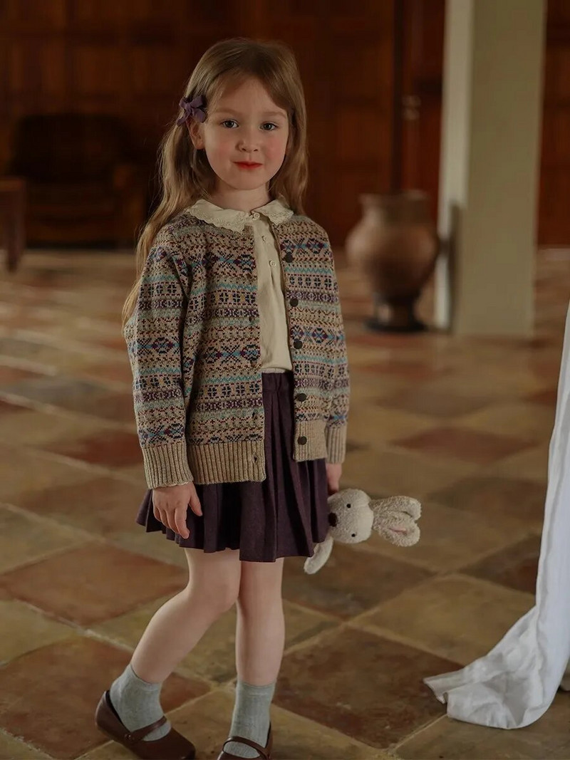 Pulovere Fete Stil Retro Lână Cardigan Broderie Bebeluş Cusătură Deschisă Guler Rotund În dungi Lejer Casual 2023 Moda