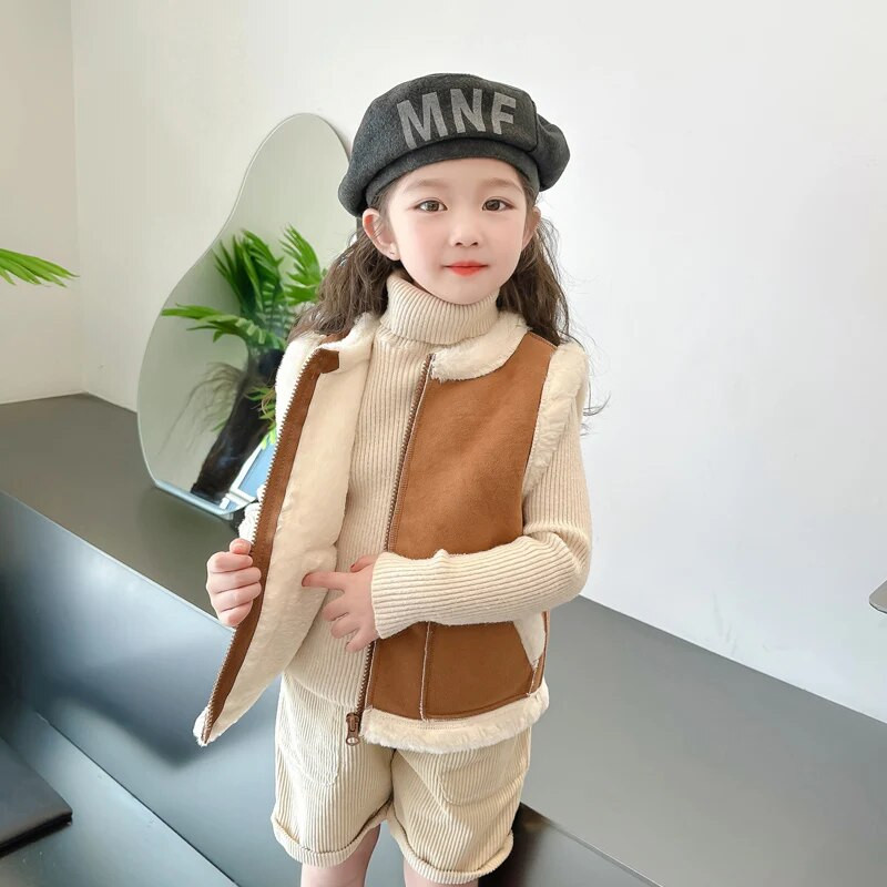 Jesen Topla beba, djeca, djevojke, prsluci, plišani džepovi, gornja odjeća bez rukava, prsluci, odjeća, dječji prsluk od antilop kože CH83