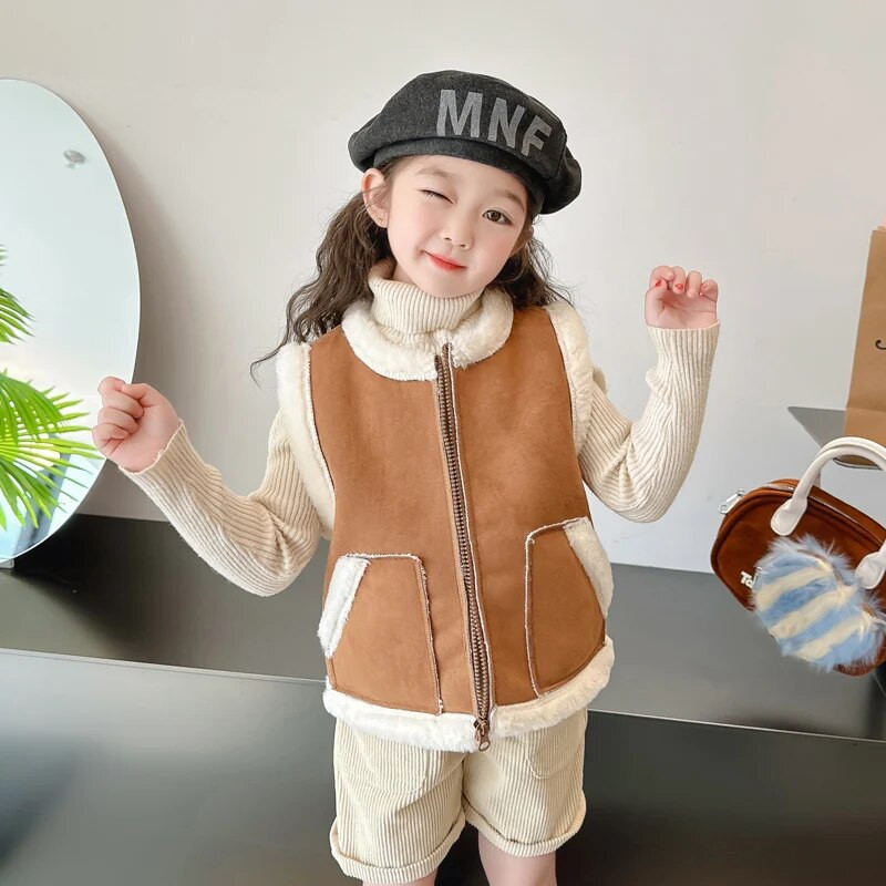 Jesen Topla beba, djeca, djevojke, prsluci, plišani džepovi, gornja odjeća bez rukava, prsluci, odjeća, dječji prsluk od antilop kože CH83