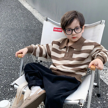 Μόδα φθινοπώρου παιδικό πουλόβερ με ριγέ μισό φερμουάρ γιακάς πέτο πλεκτό πουλόβερ για αγόρια
